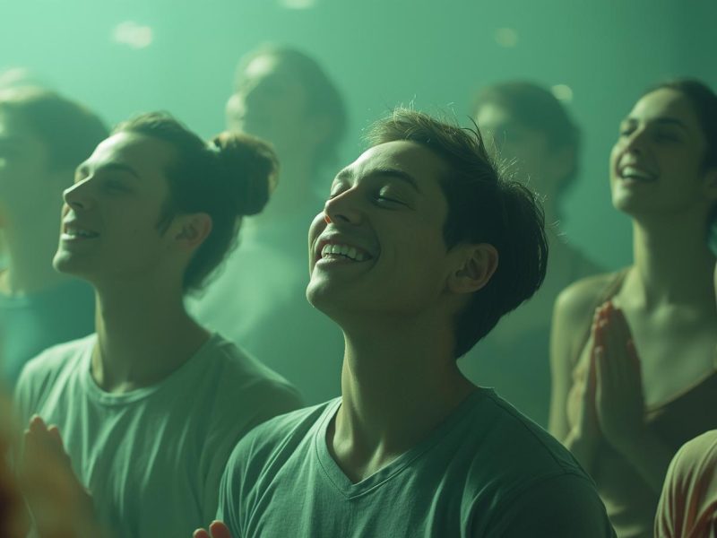 generate an image in light green theme which people are doing The task on hand is effortful, joyful oneness with the breath.. please include realistic men and women