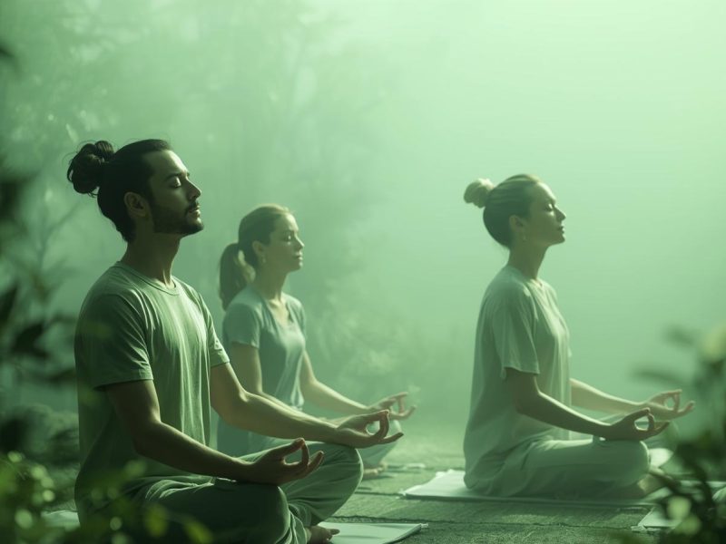 generate an image in light green theme which people are doing the attention of the mind should constantly be on the normal, natural breath. please include realistic men and women