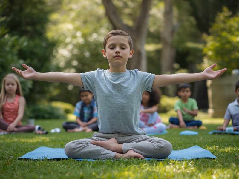 generate an image of a child doing yoga in a garden. include real kids