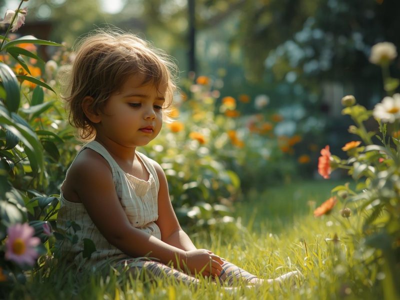 generate an image of a child silently sittting in a garden include real kid