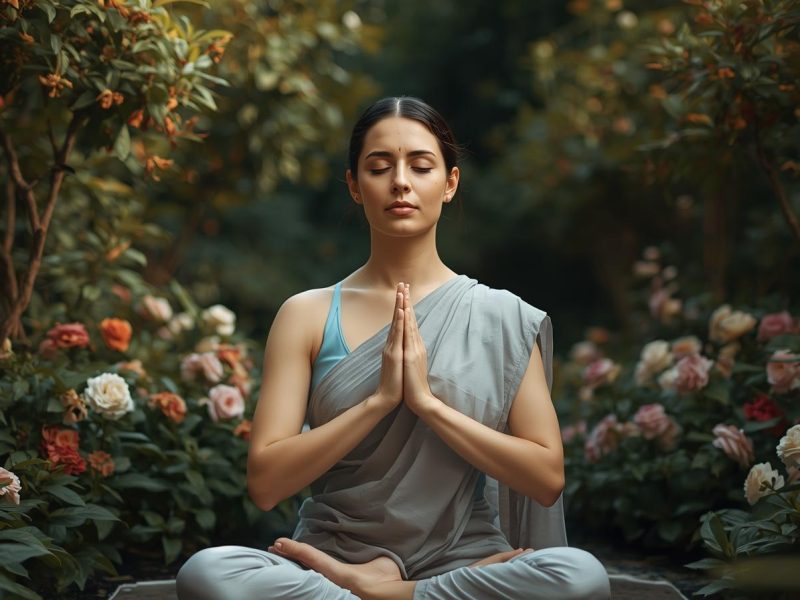 generate an image of a women in a garden holding breath include real women wearing simple yoga saree
